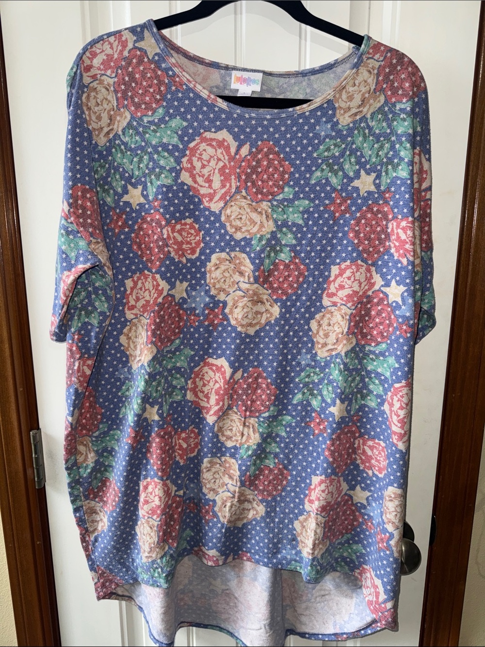 LuLaRoe Blue Polka-Dot Tunic with Pink & Cream Roses